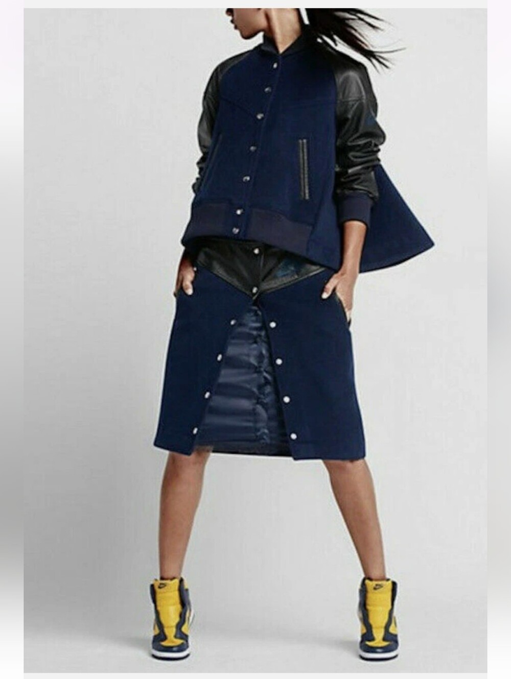 NikeLab x Sacai Windrunner Wool & Leather Trim Skirt Navy Small EUC